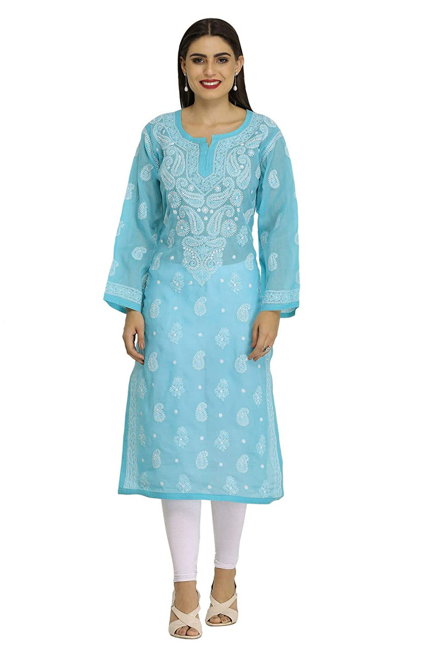 Lucknow Chikankari Hand Embroidered Long Kurti with Matching Inner Org –  Indiankala4u